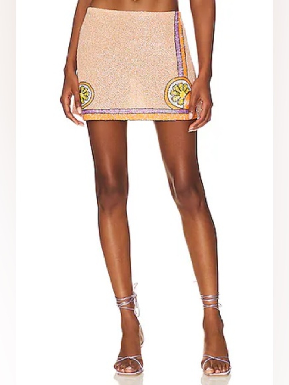 Oceanus Melodie Hand Embellished Co-Ord Skirt in Peach Beaded Lemon Mini - Picture 1 of 6